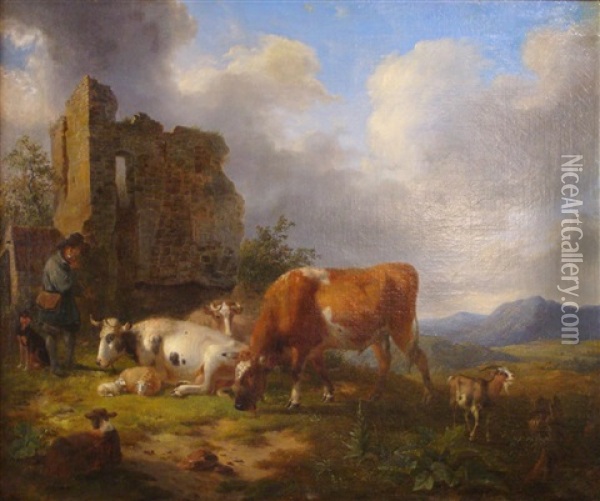 Farm Animals By Ruins Oil Painting - Dirck Oosterhout