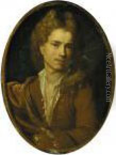 Portrait Of The Artist, 
Half-length, Wearing A Gold Embroidered Tan Frock-coat And White Shirt Oil Painting - Francois Lemoine (see Lemoyne)