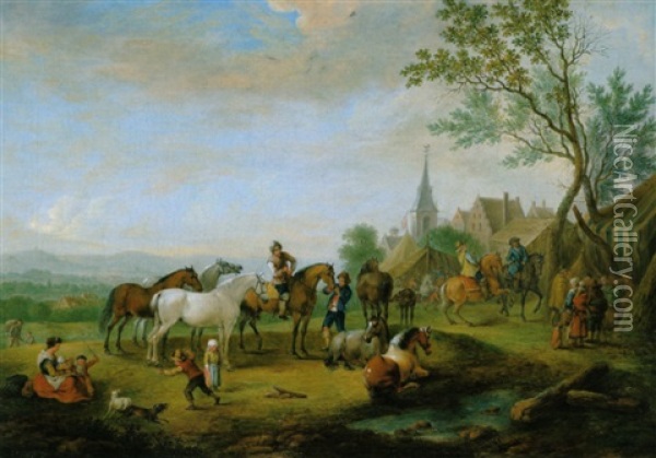 Pferdemarkt Vor Einem Dorf Oil Painting - Johann Georg Pforr