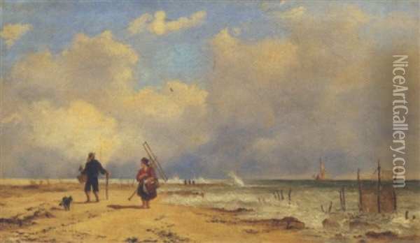 Fisker Og Fiskepige I Arbejde Pa Stranden Oil Painting - Alfred Clint