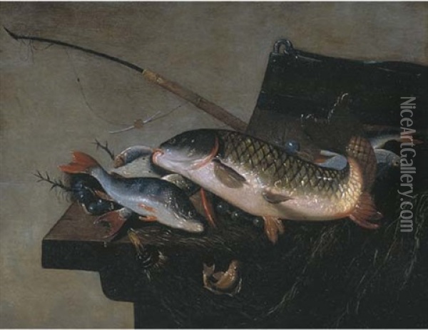 A Carp, A Perch, And Other Fish On A Table In An Interior Oil Painting - Pieter Van Noort