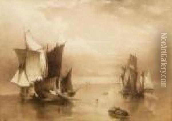 Becalmed Shipping Oil Painting - John Sell Cotman