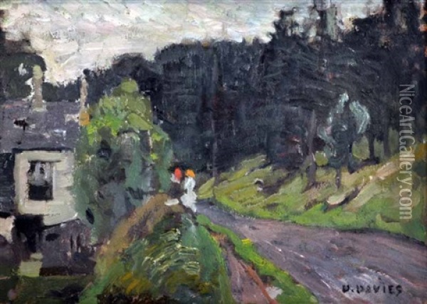Two Figures By The Roadside (most Likely Dieppe) Oil Painting - David Davies