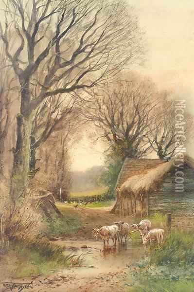 Cattle watering by a barn Oil Painting - Henry Charles Fox