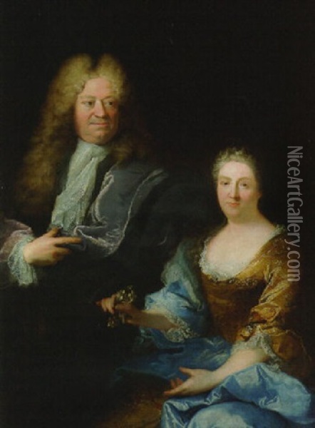 Double Portrait Of A Nobleman, In Purple Robes And A Lace Cravat, And His Wife In A Yellow Dress Oil Painting - Robert Levrac-Tournieres