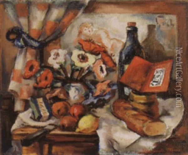 Stillleben Mit Blumen, Flasche, Brot Und Fruchten Oil Painting - Jean Francois Thomas