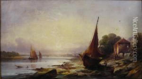 River Landscape With Boats Oil Painting - John James Wilson