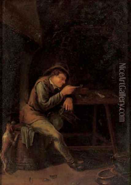 A peasant smoking a pipe in an interior with a dog Oil Painting - Jan Steen