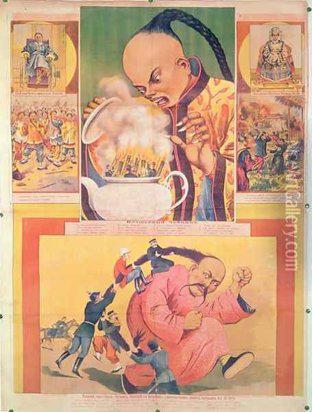 Comic Russian poster satirizing the Europeans in China, printed in Moscow, Russia, 1900 Oil Painting - Anonymous Artist