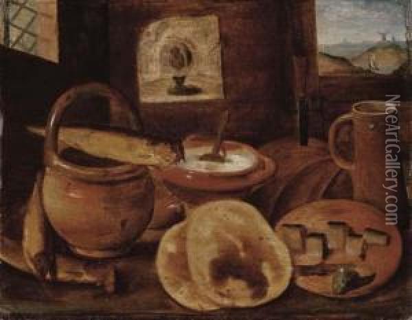 A Poor Man's Meal: A Loaf Of Bread, Porridge, Buns And A Herring Ona Wooden Table Oil Painting - Hieronymus II Francken