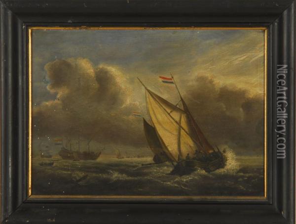 A Ship And Sailboats In Rough Water Under A Stormy Sky Oil Painting - Richard Augustin Baigent