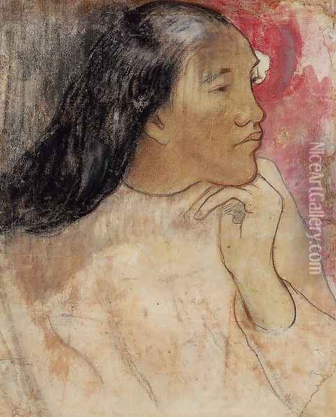 A Tahitian Woman With A Flower In Her Hair Oil Painting - Paul Gauguin