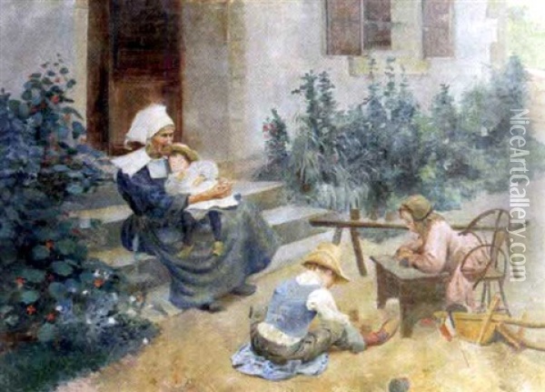 Grand-mere Bretonne Et Ses Trois Petits-enfants Oil Painting - Nathaniel, R.H.A. Hill