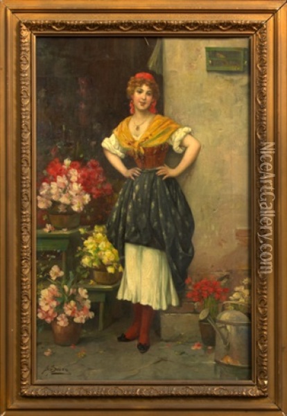 The Flower Seller Oil Painting - Josef Johann Suess