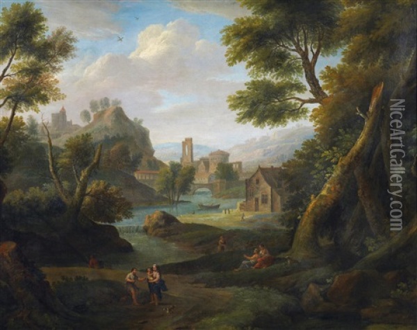 Ideale Sudliche Flusslandschaft Mit Personenstaffage Oil Painting - Jan Frans van Bloemen