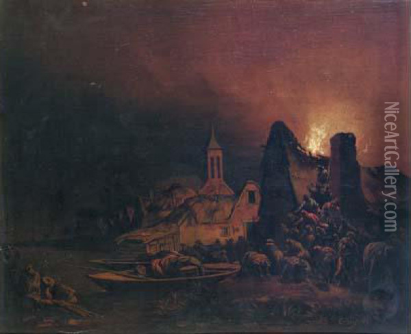 Scene D'incendie Nocturne Dans Un Village Au Bord D'un Canal Oil Painting - Egbert van der Poel