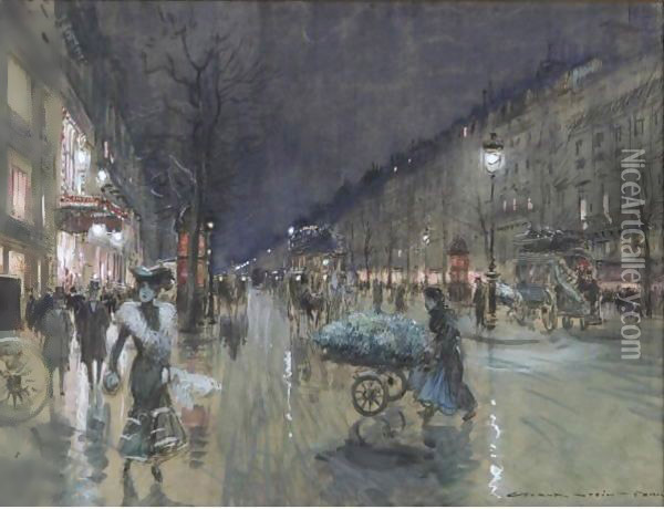 La Porte St. Denise At Night Oil Painting - Georges Stein