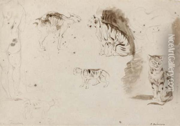 Studies Of Cats, Other Felines And Two Female Nudes Seen From Behind Oil Painting - Eugene Delacroix