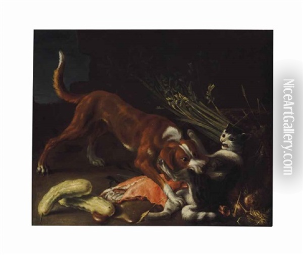 A Dog And Cat Fighting Over A Basket Of Meat Oil Painting - Pieter Van Boucle