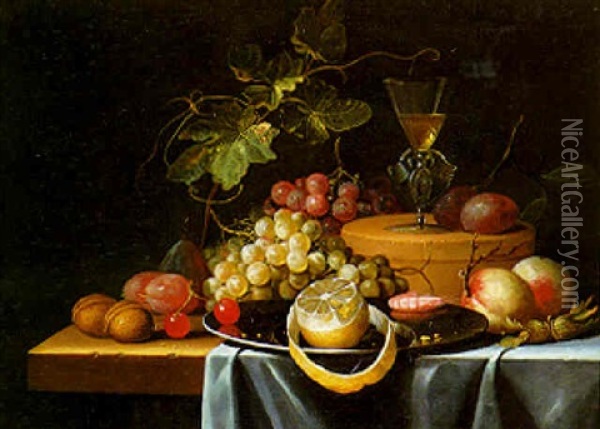 Still Life Of A Facon De Venise Goblet, A Box, A Pewter Plate And Fruit On A Draped Ledge Oil Painting - Abraham Mignon