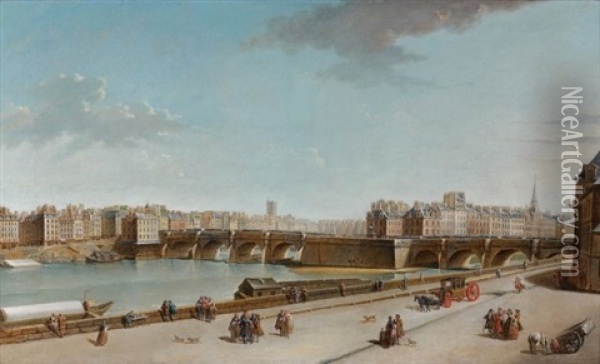 Vue De L'ile De La Cite Avec Le Pont Neuf Et La Pompe De La Samaritaine Oil Painting - Jean Baptiste Nicolas Raguenet