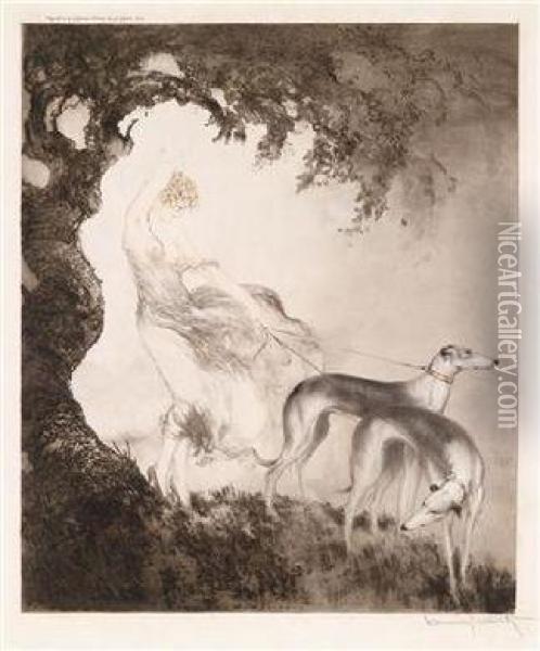 Dame Mit Zwei Windhunden Oil Painting - Louis Icart