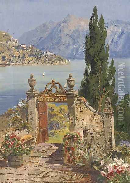An ornamental garden above an Italian lake Oil Painting - William Maw Egley