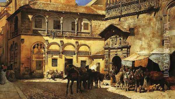 Market Square In Front Of The Sacristy And Doorway Of The Cathedral Granada Oil Painting - Edwin Lord Weeks