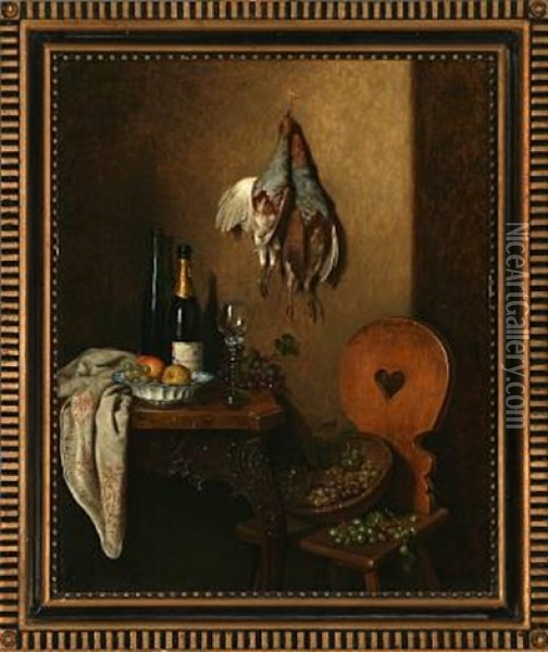 Still Life Fruits And Bottles On A Table Oil Painting - Camilla Edle von Malheim Friedlaender