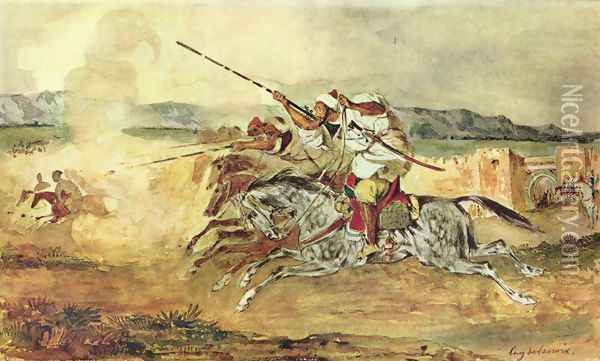A Turkish Man on a Grey Horse attacking Oil Painting - Eugene Delacroix
