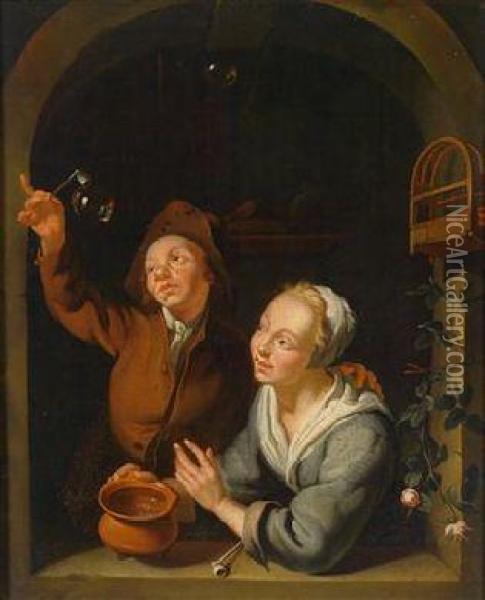 Einjunges Paar Beim Herstellen Von Seifenblasen Oil Painting - Louis de Moni