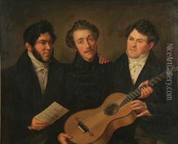 Three Men With Guitar--1835 Oil Painting - Benjamin Orth