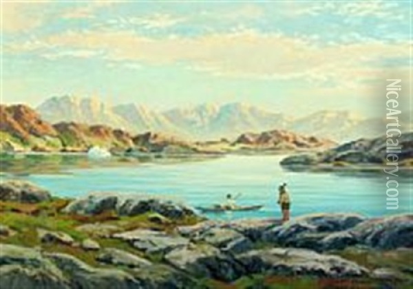 Greenlandic Fjordscape With Inuit Couple Oil Painting - Emanuel A. Petersen