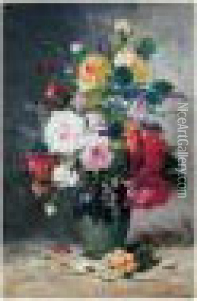 Bouquet De Roses Dans Un Vase Oil Painting - Eugene Henri Cauchois