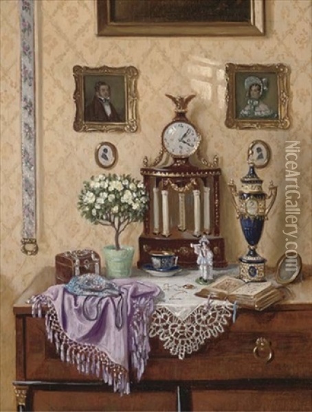 Ornaments On A Dresser, In An Interior (+ In The Libary; 2 Works) Oil Painting - Ernst Czernotzky