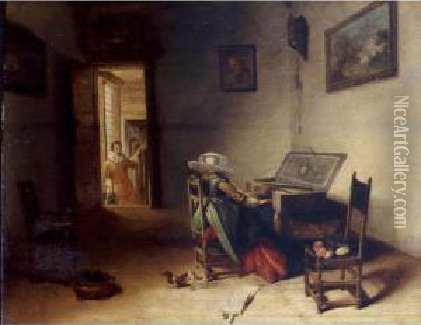 Interior With A Lady Playing The
 Virginals, A Gentleman In The Background Coming Up The Stairway Oil Painting - Hendrick Maertensz. Sorch (see Sorgh)