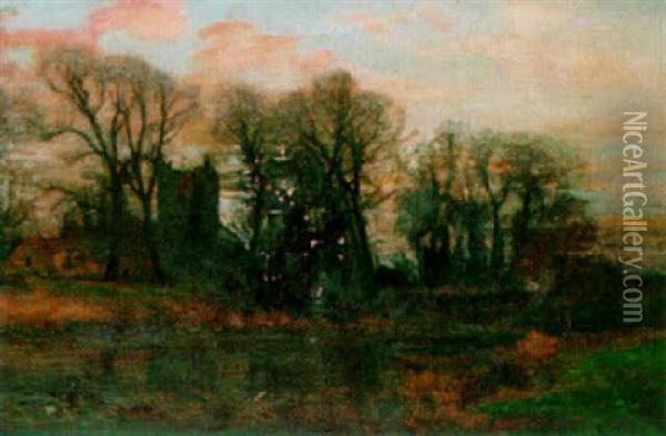Country River Landscape With A Church In The Distance Oil Painting - Walter H. Goldsmith