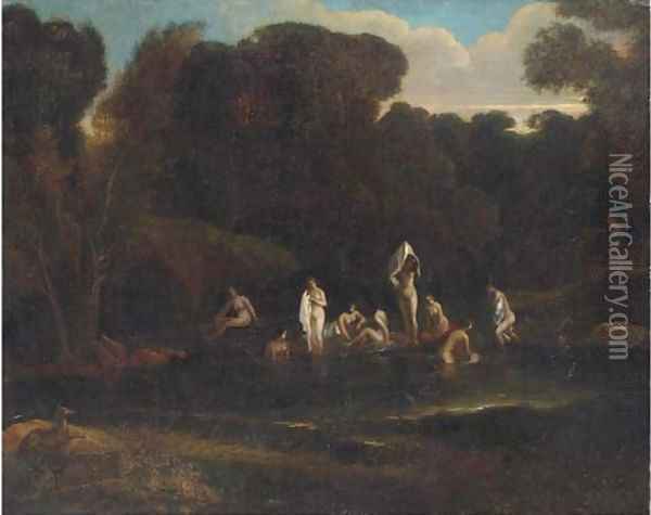 A landscape with Nymphs bathing at a wooded pool Oil Painting - Albert Meyering