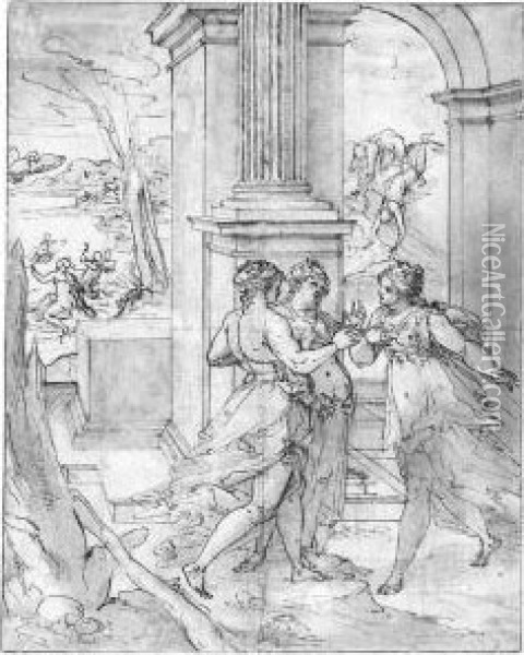Three Women Under A Portico, With Jupiter As A Swan Flying Towardsleda Oil Painting - Giovanni B. (Il Genvovese) Castello