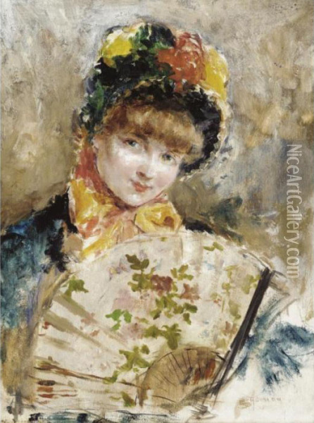 A Lady Holding A Floral Fan Oil Painting - Eduardo Leon Garrido