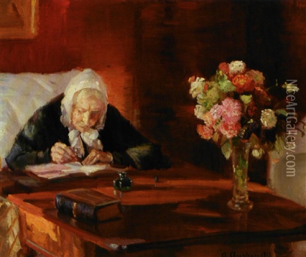 Kunstnerinden Anna Anchers Mor Ane Hedvig Brondum Siddende Ved Sit Skrivebord I Den Rode Stue Oil Painting - Anna Kirstine Ancher