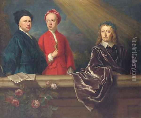 Group portrait of the artist and his son, Jonathan, with John Milton, three-quarter-length, on a balcony Oil Painting - Jonathan Richardson