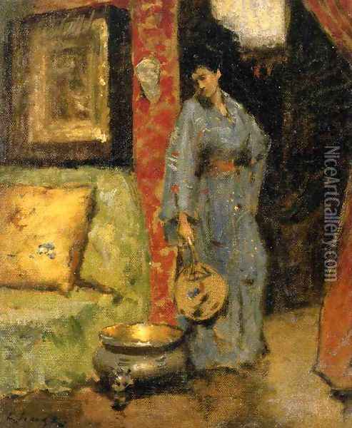Woman in Kimono Holding a Japanese Fan Oil Painting - William Merritt Chase