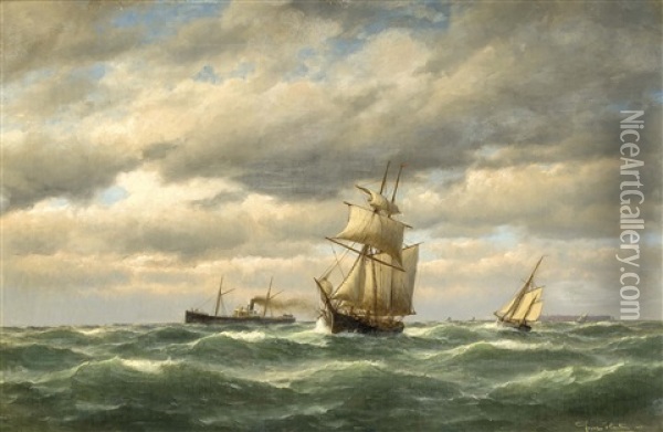Dampfer U. Segler Auf See Vor Helgoland Im Hintergr. Oil Painting - Franz Johann Armand von Werdt