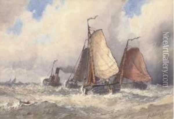 Fishing Vessels Sailing Out From Port Oil Painting - Frederick James Aldridge