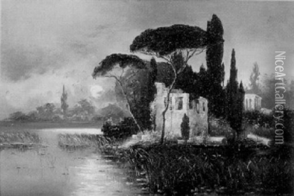 Italienische Uferlandschaft Mit Ruine Im Mondschein Oil Painting - Karl Heffner