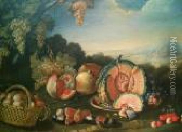 Still Life With Fruit In A Landscape Oil Painting - Giovanni Battista Ruoppolo