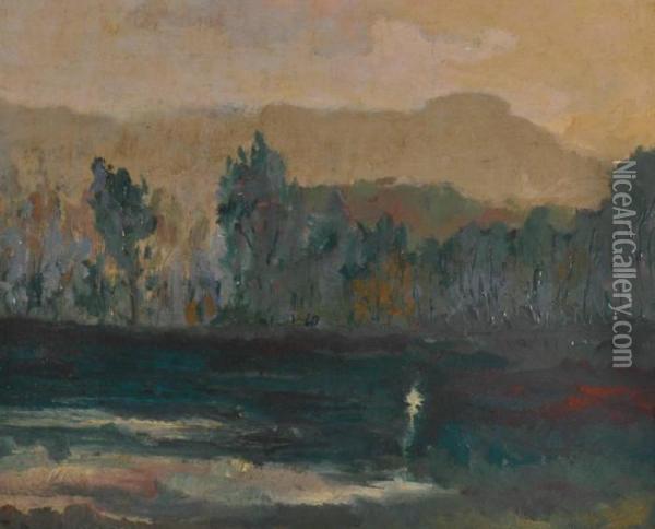 A Tree-lined Mountainous French Landscape At Dusk Oil Painting - John Henry Twachtman