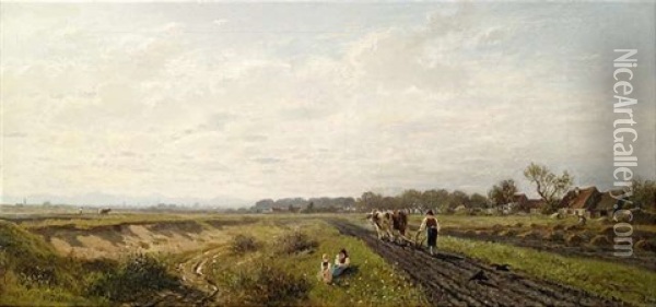 Weite Bayerische Feldlandschaft Mit Stadtsilhouette Am Horizont (munchen?) Oil Painting - Adolf Heinrich Lier