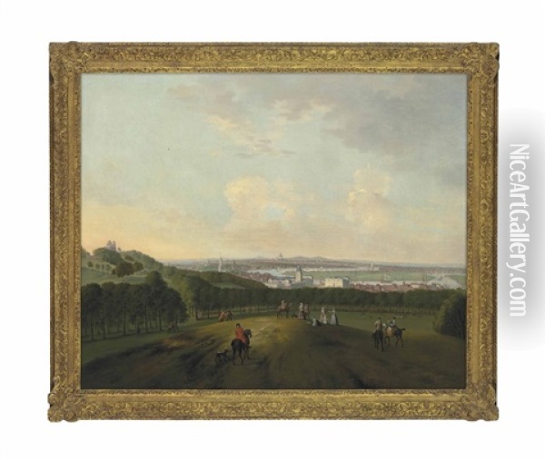 A View Of Greenwich, With Riders And Other Figures In The Foreground, The Observatory To The Left On One Tree Hill, The Thames And London In The Distance Oil Painting - Peter Tillemans